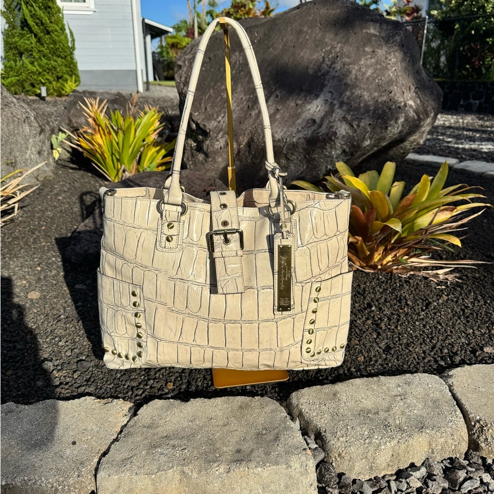 Sharif Studio Cream Croc Embossed Studded Tote Bag